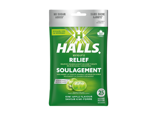 Halls - Relief -No Sugar Added - Kiwi Apple Flavour - 25 Lozenges - current product packaging