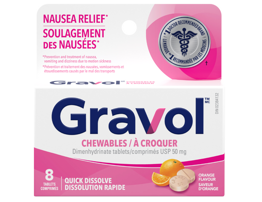 Gravol Chewables Orange Flavour 50 mg, 8 Tablets