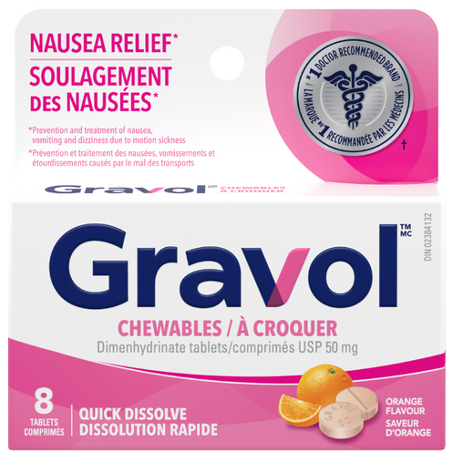 Gravol Chewables Orange Flavour 50 mg, 8 Tablets