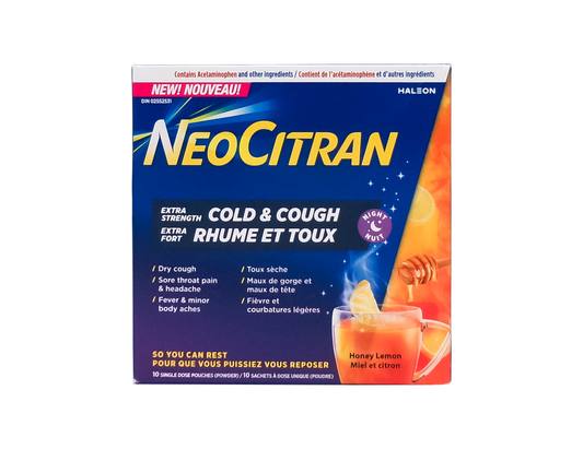 NeoCitran - Extra Strength Cold & Cough Night, Honey Lemon - 10 Pouches - current product packaging