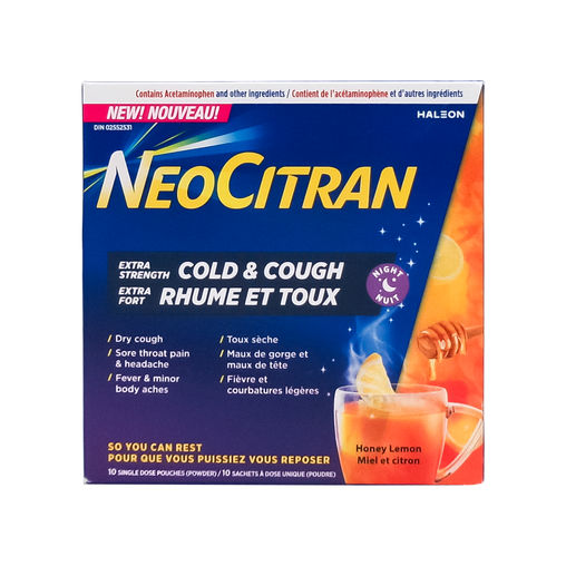 NeoCitran - Extra Strength Cold & Cough Night, Honey Lemon - 10 Pouches - current product packaging