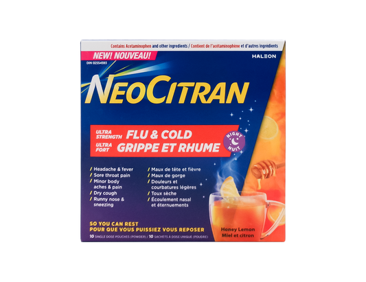 NeoCitran - Ultra Strength Flu & Cold Night, Honey Lemon - 10 Pouches - current product packaging