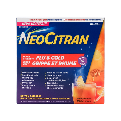 NeoCitran - Ultra Strength Flu & Cold Night, Honey Lemon - 10 Pouches - current product packaging