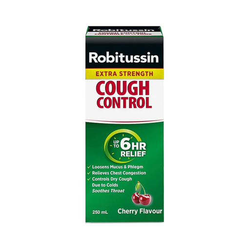 Robitussin - Cough Control Up To 6 Hour Relief Extra Strength, Cherry Flavour - 250 mL - current product packaging