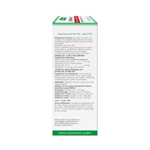 A.Vogel - Echinaforce Extra Strength Hot Drink with Elderberry - 100 mL - French ingredients and directions panel