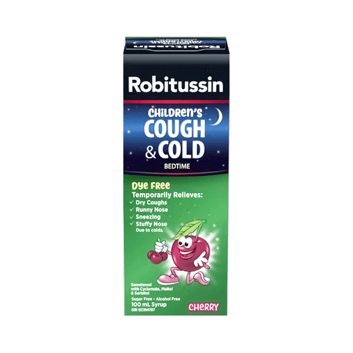 Robitussin - Children's Bedtime Cough & Cold Syrup - Sugar & Alcohol Free - Cherry Flavour - 100 mL - current product packaging