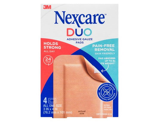 Nexcare Duo Adhesive Gauze Pads, 3 x 4 in - 4 Count product packaging