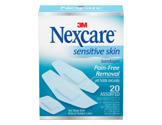 Nexcare Sensitive Skin Bandages, Assorted Sizes - 20 Count product packaging