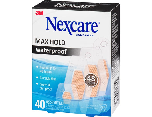 Nexcare Max Hold Waterproof Bandages, Assorted Sizes - 40 Count product packaging