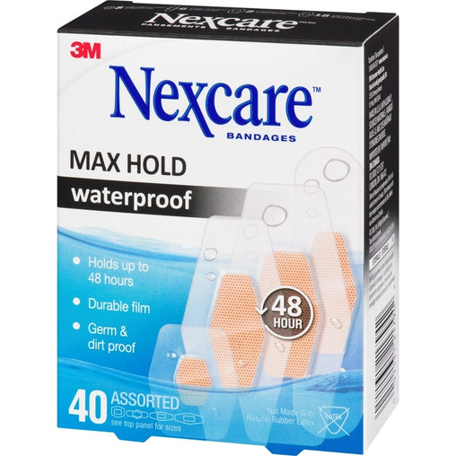Nexcare Max Hold Waterproof Bandages, Assorted Sizes - 40 Count product packaging