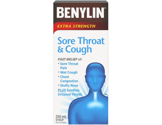 Benylin Extra Strength Sore Throat & Cough Syrup, 250 mL