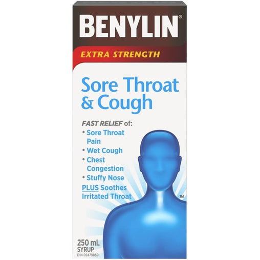 Benylin Extra Strength Sore Throat & Cough Syrup, 250 mL
