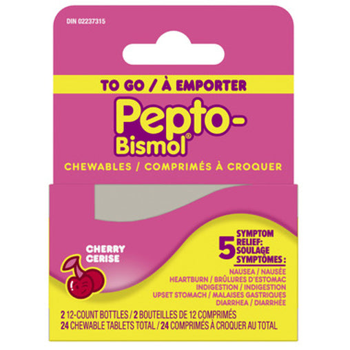 Pepto Bismol Cherry Chewable Tablets, Travel Pack, 12 x 2 Tablets