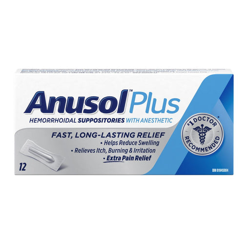 Anusol Plus Hemorrhoid Relief Suppositories 12 count current packaging