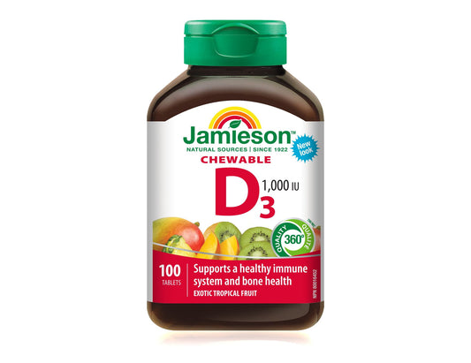 Jamieson Vitamin D3 1000 IU Tropical Fruit Chewables - 100 Tablets product packaging