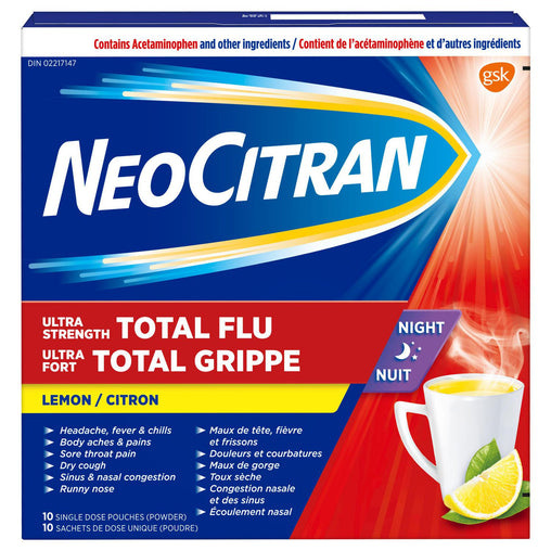 NeoCitran Ultra Strength Total Flu Night Lemon - 10 Pouches