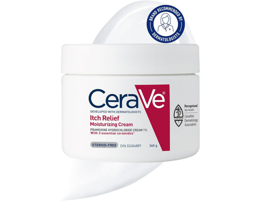 CeraVe Itchy Skin Relief Moisturizing Crean. For Dry & Itchy skin. Anti-itch cream for minor skin irritations, sunburn relief, insect bug bites & scrapes, 1% Pramoxine. Fragrance Free, 340g