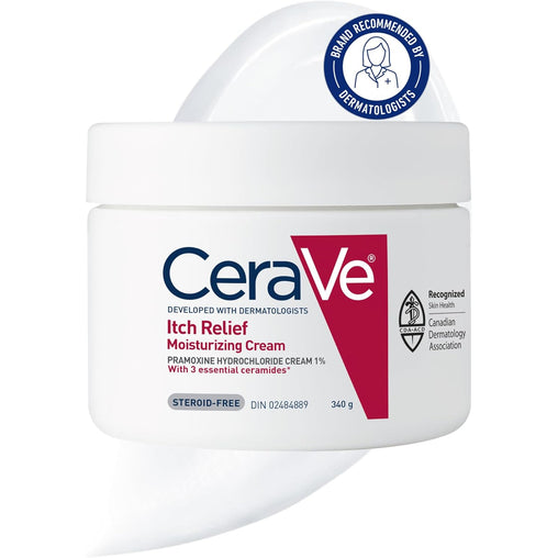 CeraVe Itchy Skin Relief Moisturizing Crean. For Dry & Itchy skin. Anti-itch cream for minor skin irritations, sunburn relief, insect bug bites & scrapes, 1% Pramoxine. Fragrance Free, 340g