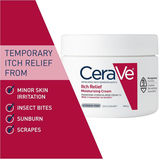 CeraVe Itchy Skin Relief Moisturizing Crean. For Dry & Itchy skin. Anti-itch cream for minor skin irritations, sunburn relief, insect bug bites & scrapes, 1% Pramoxine. Fragrance Free, 340g
