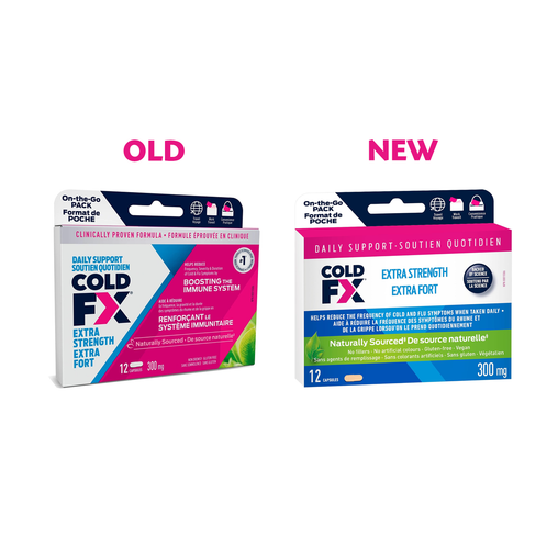 COLD-FX - Daily Support Extra Strength 300 mg - 12 Capsules - current and previous package comparison