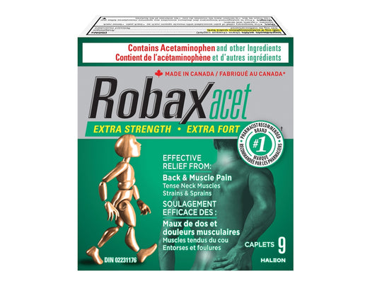 Robaxacet Extra Strength Muscle Relaxant and Pain Reliever, 400 mg/500 mg - 9 Caplets product packaging