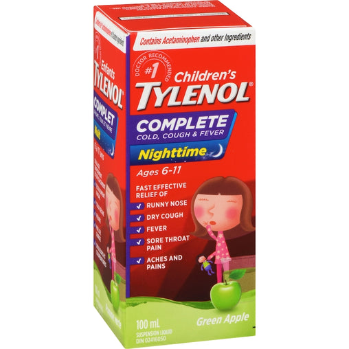 Tylenol Children's Complete Cold, Cough & Fever Nighttime Liquid, Green Apple, 100 mL