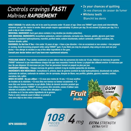 Thrive Nicotine Replacement Gum, 4mg Extra Strength, Fruit, 108 Count