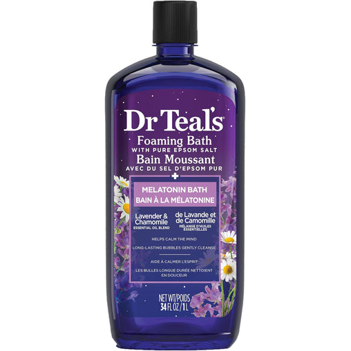 Dr Teal's Foaming Bath with Pure Epsom Salt, Melatonin Bath, Lavender & Chamomile Essential Oil Blend - 1L