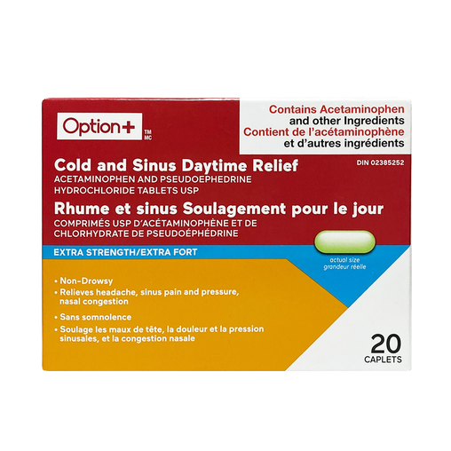 Option+ - Extra Strength Cold & Sinus Daytime Relief - 20 Caplets - current product packaging