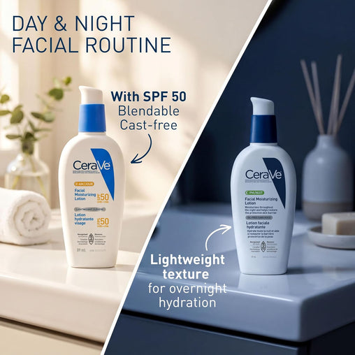 CeraVe AM/PM Face Moisturizing Lotion Bundle: (AM Face Moisturizer, SPF 50 - 89 mL) & (PM Face Moisturizer – 89 mL)