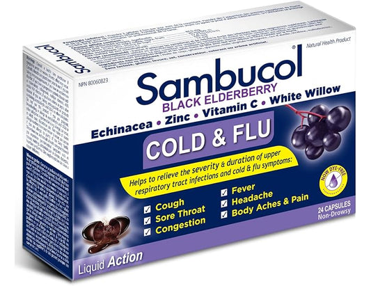 Sambucol Black Elderberry Echinacea, Zinc, Vitamin C & White Willow Cold & Flu Relief - 24 Capsules