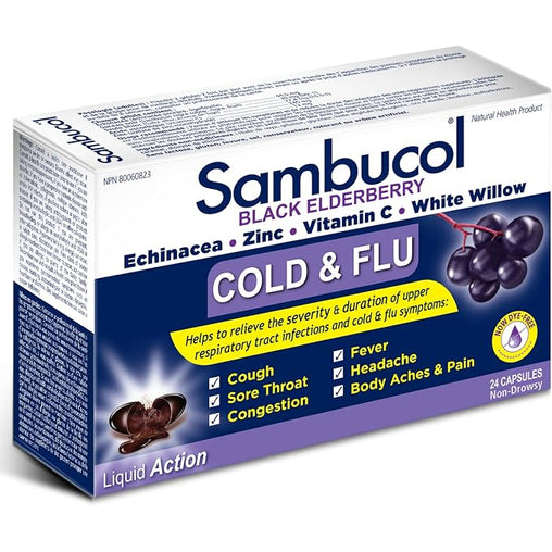 Sambucol Black Elderberry Echinacea, Zinc, Vitamin C & White Willow Cold & Flu Relief, 24 Capsules