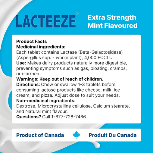 Lacteeze Chewable Extra Strength Lactase Enzyme, Natural Mint - 100 Tablets