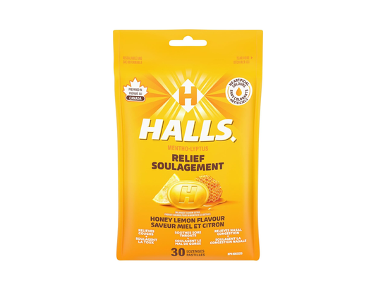 Halls - Relief Mentho-Lyptus Lozenges, Honey Lemon - 30 Lozenges - current product packaging