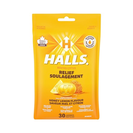 Halls - Relief Mentho-Lyptus Lozenges, Honey Lemon - 30 Lozenges - current product packaging