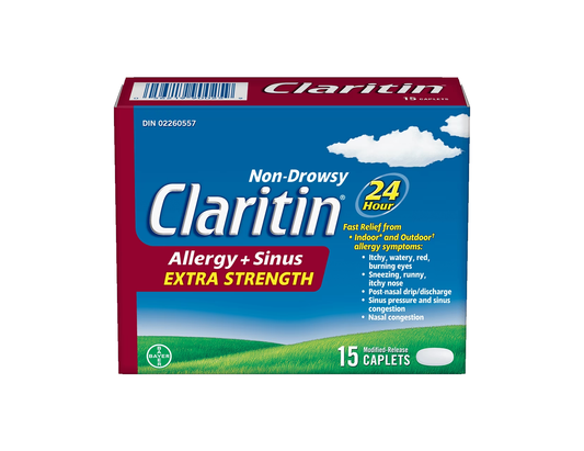 Claritin - Non-Drowsy Extra Strength 24H Allergy + Sinus Caplets - 15 Caplets - current product packaging