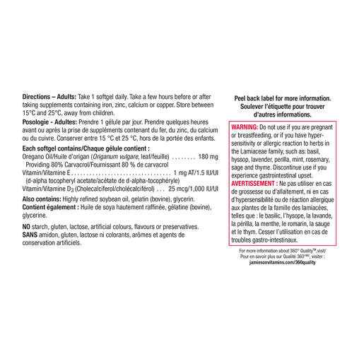 Jamieson Extra Strength Oregano Oil 180 mg Softgels with Vitamin D3 & E, 90 Count