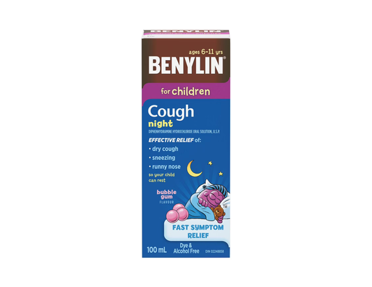 Benylin - Children’s Night Syrup, Bubble Gum Flavor - 100 mL - current product packaging