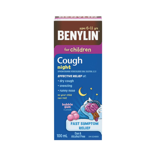 Benylin - Children’s Night Syrup, Bubble Gum Flavor - 100 mL - current product packaging