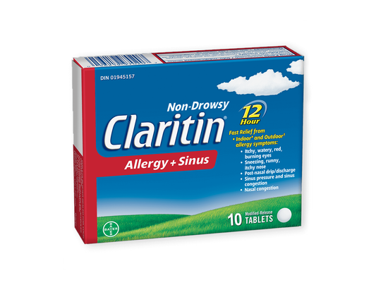Claritin - Non-Drowsy 12H Allergy + Sinus Relief Tablets - 10 Tablets - current product packaging