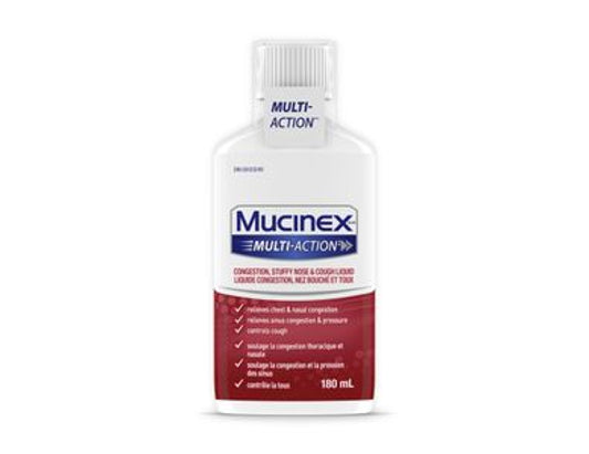 Mucinex Multi-Action Congestion, Stuffy Nose & Cough Liquid current packaging