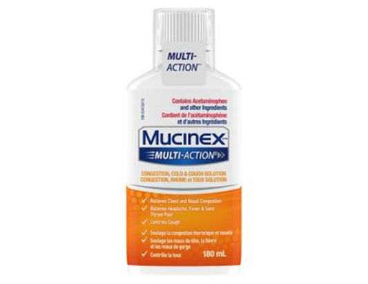 Mucinex Multi-Action Congestion, Cold & Cough Solution current packaging