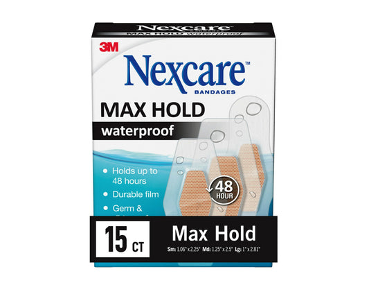 Nexcare Max Hold Waterproof Bandages, Assorted Sizes - 15 Count product packaging