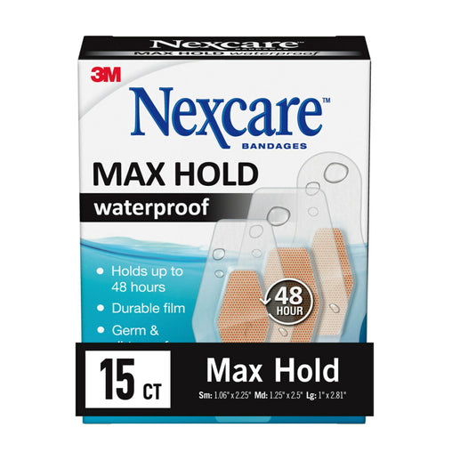 Nexcare Max Hold Waterproof Bandages, Assorted Sizes - 15 Count product packaging