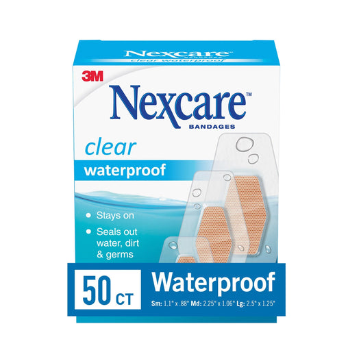 Nexcare Waterproof Clear Bandages, Assorted Sizes - 50 Count product packaging