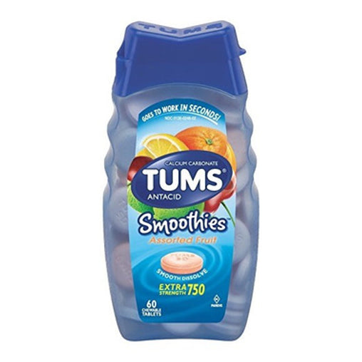 Tums Smoothies Extra Strength Assorted Fruit 750 mg, 60 Tablets
