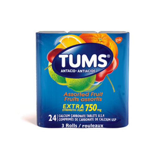 Tums Extra Strength Assorted Fruit 750 mg, 24 Tablets (3 Rolls)