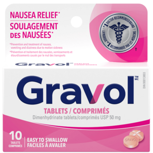 Gravol Easy to Swallow Motion Sickness Relief, 50 mg, 10 Tablets
