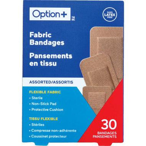 Option+ Fabric Patch Bandages, Assorted - 30 Bandages current product packaging