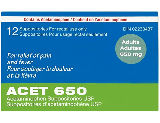 ACET 650 mg Acetaminophen Suppositories – 12 Count